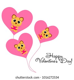 Greeting card day of St. Valentine. Abstract design, kitten with heart, gifts, vector.