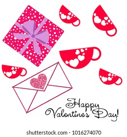 Greeting card day of St. Valentine. Abstract design, red mug for lovers with print hearts, gifts, vector.