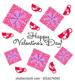 Greeting card day of St. Valentine. Abstract design, red mug for lovers with print hearts, gifts, vector.