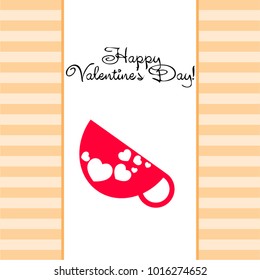 Greeting card day of St. Valentine. Abstract design, red mug for lovers with print hearts, gifts, vector.