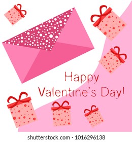 Greeting card day of St. Valentine. Abstract design, gifts, hearts, vector.