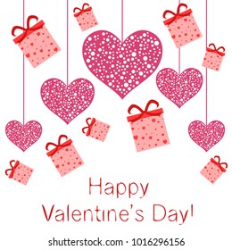 Greeting card day of St. Valentine. Abstract design, gifts, hearts, vector.