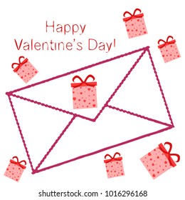 Greeting card day of St. Valentine. Abstract design, gifts, hearts, vector.
