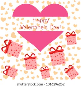 Greeting card day of St. Valentine. Abstract design, gifts, hearts, vector.