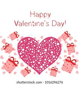 Greeting card day of St. Valentine. Abstract design, gifts, hearts, vector.