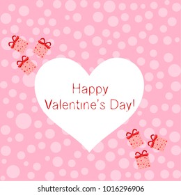 Greeting card day of St. Valentine. Abstract design, gifts, hearts, vector.