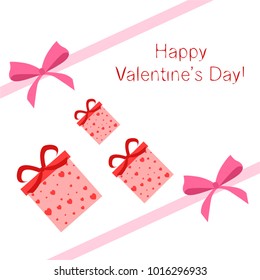 Greeting card day of St. Valentine. Abstract design, gifts, hearts, vector.