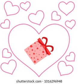 Greeting card day of St. Valentine. Abstract design, gifts, hearts, vector.