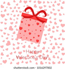Greeting card day of St. Valentine. Abstract design, gifts, hearts, vector.
