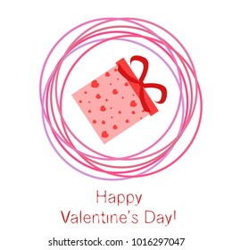 Greeting card day of St. Valentine. Abstract design, gifts, hearts, vector.