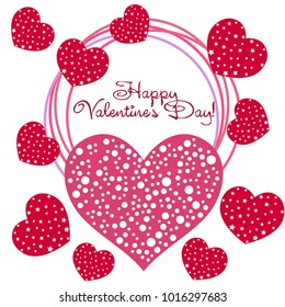 Greeting card day of St. Valentine. Abstract design, hearts with star-shaped prints, gifts, vector.