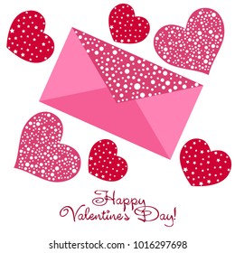 Greeting card day of St. Valentine. Abstract design, hearts with star-shaped prints, gifts, vector.