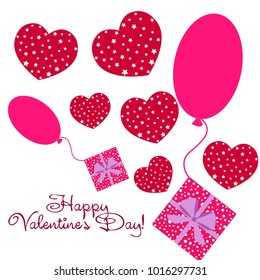 Greeting card day of St. Valentine. Abstract design, hearts with star-shaped prints, gifts, vector.