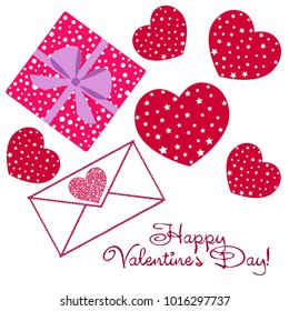 Greeting card day of St. Valentine. Abstract design, hearts with star-shaped prints, gifts, vector.
