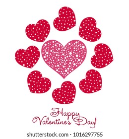 Greeting card day of St. Valentine. Abstract design, hearts with star-shaped prints, gifts, vector.