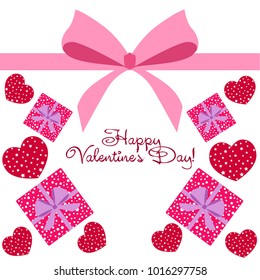 Greeting card day of St. Valentine. Abstract design, hearts with star-shaped prints, gifts, vector.
