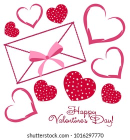 Greeting card day of St. Valentine. Abstract design, hearts with star-shaped prints, gifts, vector.