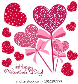 Greeting card day of St. Valentine. Abstract design, hearts with star-shaped prints, gifts, vector.