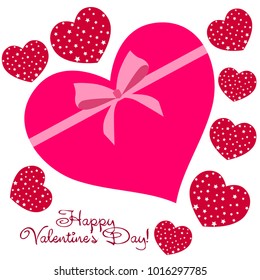 Greeting card day of St. Valentine. Abstract design, hearts with star-shaped prints, gifts, vector.