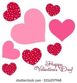 Greeting card day of St. Valentine. Abstract design, hearts with star-shaped prints, gifts, vector.