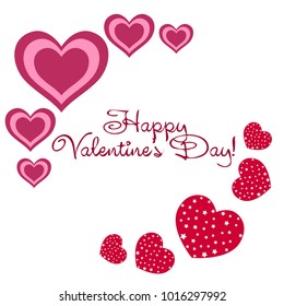 Greeting card day of St. Valentine. Abstract design, hearts with star-shaped prints, gifts, vector.