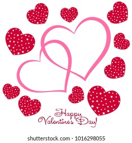 Greeting card day of St. Valentine. Abstract design, hearts with star-shaped prints, gifts, vector.