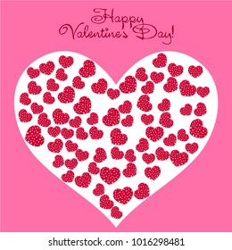 Greeting card day of St. Valentine. Abstract design, hearts with star-shaped prints, gifts, vector.
