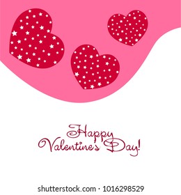 Greeting card day of St. Valentine. Abstract design, hearts with star-shaped prints, gifts, vector.