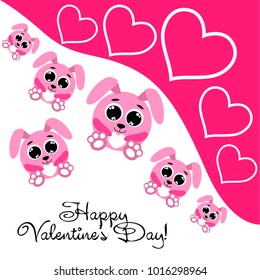 Greeting card day of St. Valentine. Abstract design, pink hare, love, hearts, gifts, vector.