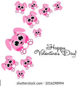 Greeting card day of St. Valentine. Abstract design, pink hare, love, hearts, gifts, vector.