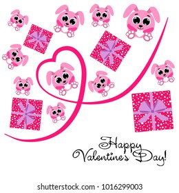 Greeting card day of St. Valentine. Abstract design, pink hare, love, hearts, gifts, vector.