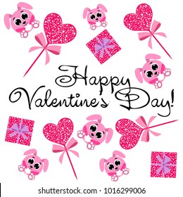 Greeting card day of St. Valentine. Abstract design, pink hare, love, hearts, gifts, vector.