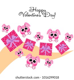 Greeting card day of St. Valentine. Abstract design, pink hare, love, hearts, gifts, vector.