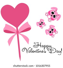 Greeting card day of St. Valentine. Abstract design, pink hare, love, hearts, gifts, vector.