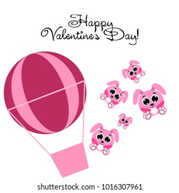 Greeting card day of St. Valentine. Abstract design, pink hare, love, hearts, gifts, vector.
