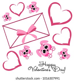 Greeting card day of St. Valentine. Abstract design, pink hare, love, hearts, gifts, vector.