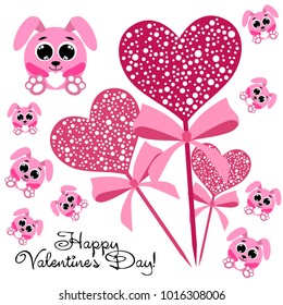 Greeting card day of St. Valentine. Abstract design, pink hare, love, hearts, gifts, vector.