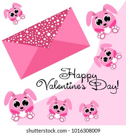 Greeting card day of St. Valentine. Abstract design, pink hare, love, hearts, gifts, vector.
