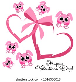 Greeting card day of St. Valentine. Abstract design, pink hare, love, hearts, gifts, vector.