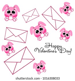 Greeting card day of St. Valentine. Abstract design, pink hare, love, hearts, gifts, vector.
