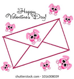 Greeting card day of St. Valentine. Abstract design, pink hare, love, hearts, gifts, vector.