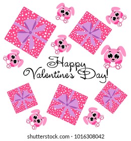 Greeting card day of St. Valentine. Abstract design, pink hare, love, hearts, gifts, vector.
