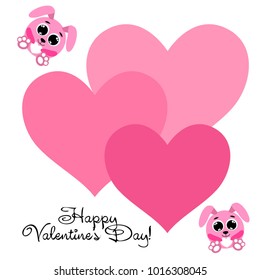 Greeting card day of St. Valentine. Abstract design, pink hare, love, hearts, gifts, vector.