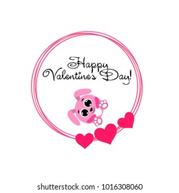 Greeting card day of St. Valentine. Abstract design, pink hare, love, hearts, gifts, vector.
