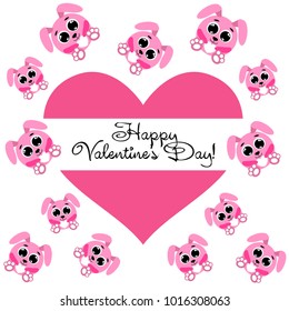 Greeting card day of St. Valentine. Abstract design, pink hare, love, hearts, gifts, vector.