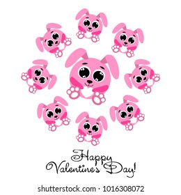 Greeting card day of St. Valentine. Abstract design, pink hare, love, hearts, gifts, vector.