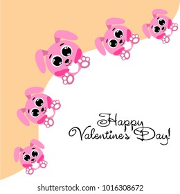 Greeting card day of St. Valentine. Abstract design, pink hare, love, hearts, gifts, vector.