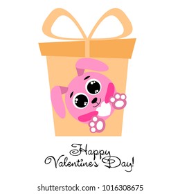 Greeting card day of St. Valentine. Abstract design, pink hare, love, hearts, gifts, vector.