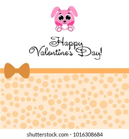 Greeting card day of St. Valentine. Abstract design, pink hare, love, hearts, gifts, vector.