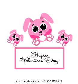 Greeting card day of St. Valentine. Abstract design, pink hare, love, hearts, gifts, vector.